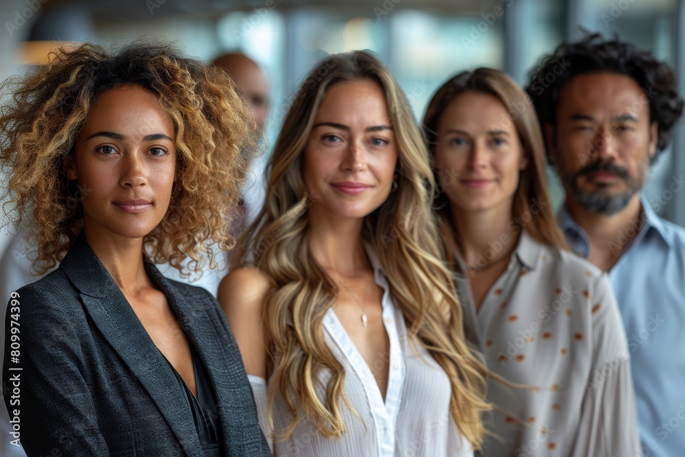 Four diverse professionals smile confidently, focus on front woman with curly hair Four diverse professionals smile confidently, focus on front woman with curly hair