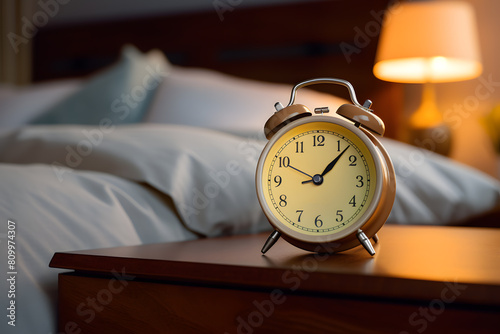 Alarm clock on the nightstand next to the bed in a bedroom