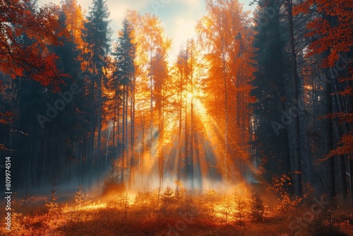 The sun is shining through the trees  casting a warm glow on the forest floor