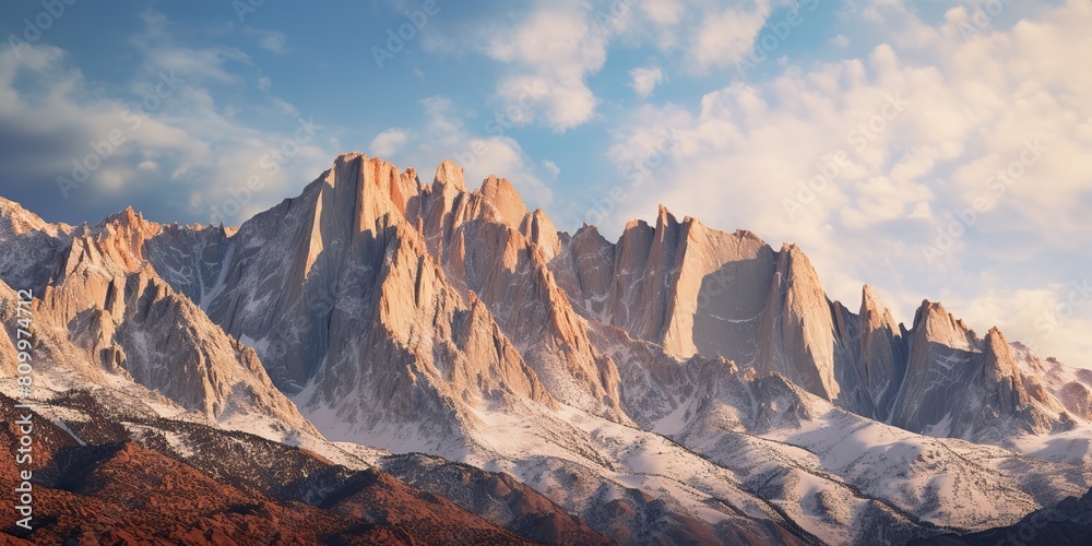 Naklejka premium High peak mountain hill cliff with snow ice on top. Adventure travel nature outdoor scenic background landscape