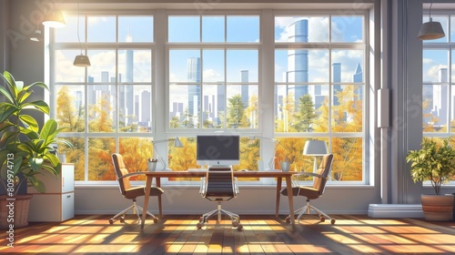 Cozy office interior with coworking and meeting space  panoramic window realistic