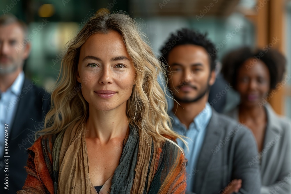 A professional female leader stands in front of her diverse team, exuding confidence and inclusivity in a corporate setting A professional female leader stands in front of her diverse team, exuding confidence and inclusivity in a corporate setting