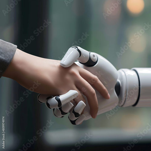 Human and robotic hands interlock, representing unity and collaboration between humans and ai progress