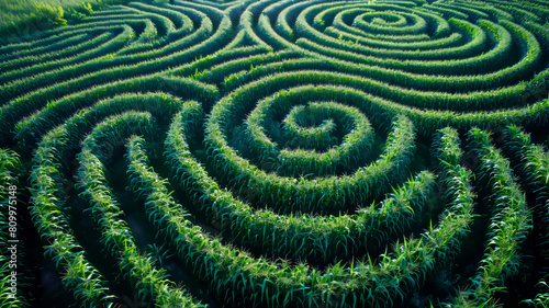 Aerial view of a lush green corn maze in the early morning light creating a spiral pattern