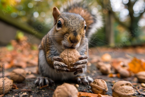 squirrel holds nut in autumn park