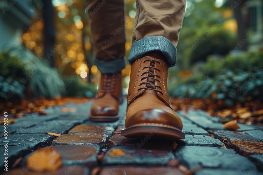 A pair of brown leather boots walking on a path covered with fall leaves, giving a sense of adventure A pair of brown leather boots walking on a path covered with fall leaves, giving a sense of adventure