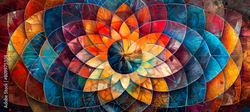 Colorful mandala art composed of intricately designed autumn leaves symbolizing unity and diversity