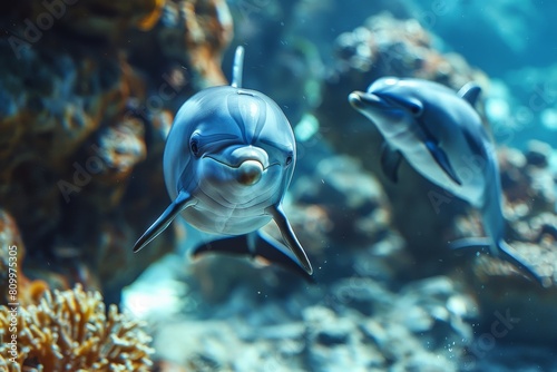 An underwater close-up of a cheerful dolphin with another dolphin in the background