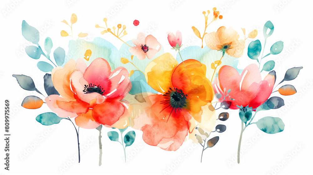 A watercolor painting of a bouquet of flowers. The overall mood of the painting is bright. flowers banner mockup, may, colorful watercolor mother's day banner background with space for text