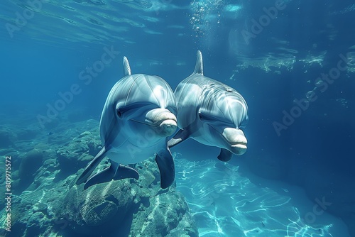 The calm image shows a pair of dolphins swimming in deep blue waters  reflecting the vastness and wonder of the ocean