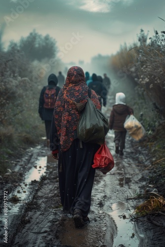 A group of people walking down a muddy road. Suitable for travel or adventure themes