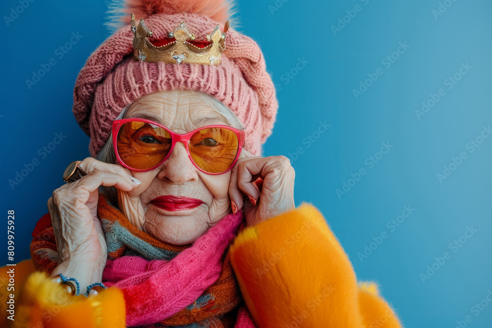 Fashionable trendy grandmother in bright clothes