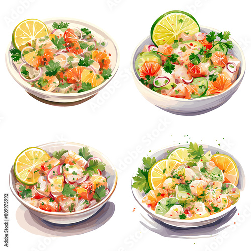 Hand-drawn vector illustrations of fresh ceviche with citrus, herbs, and seafood. Perfect for restaurant menus, food blogs, healthy eating designs, and Latin American cuisine projects.