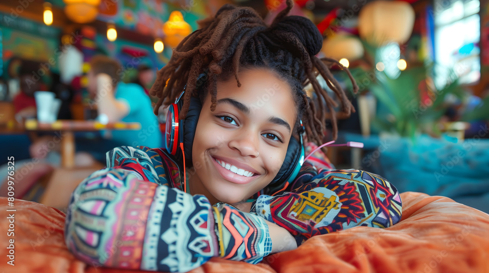 Fototapeta premium Smiling African American Woman Listening to Music with Headphones to Relax in a Vibrant Cafe
