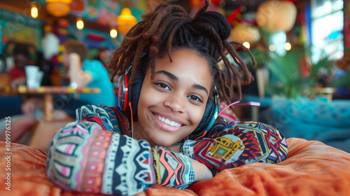 Smiling African American Woman Listening to Music with Headphones to Relax in a Vibrant Cafe