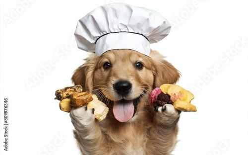Cute dog Golden retriever Chef with costume ready to cooking for dinner in kitchen room, funny moment, ingredient for cooking, pet concept, with Generative Ai.