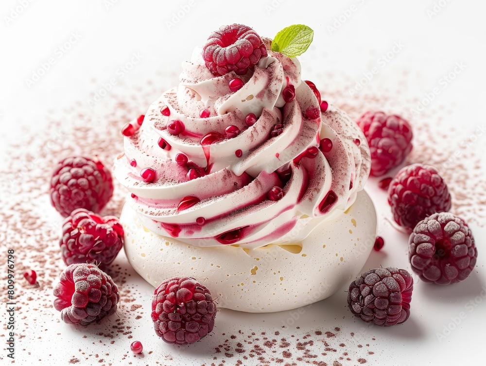 Photo of raspberry pavlova with airy meringue, isolated white background with clear studio light Photo of raspberry pavlova with airy meringue, isolated white background with clear studio light