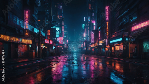 Dystopian Cyberpunk Cityscape, Futuristic Streets Illustration with Moody Night Atmosphere © xKas