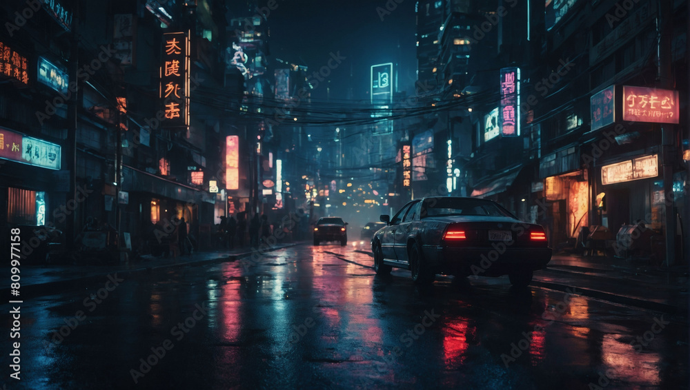 Dystopian Cyberpunk Cityscape, Futuristic Streets Illustration with Moody Night Atmosphere