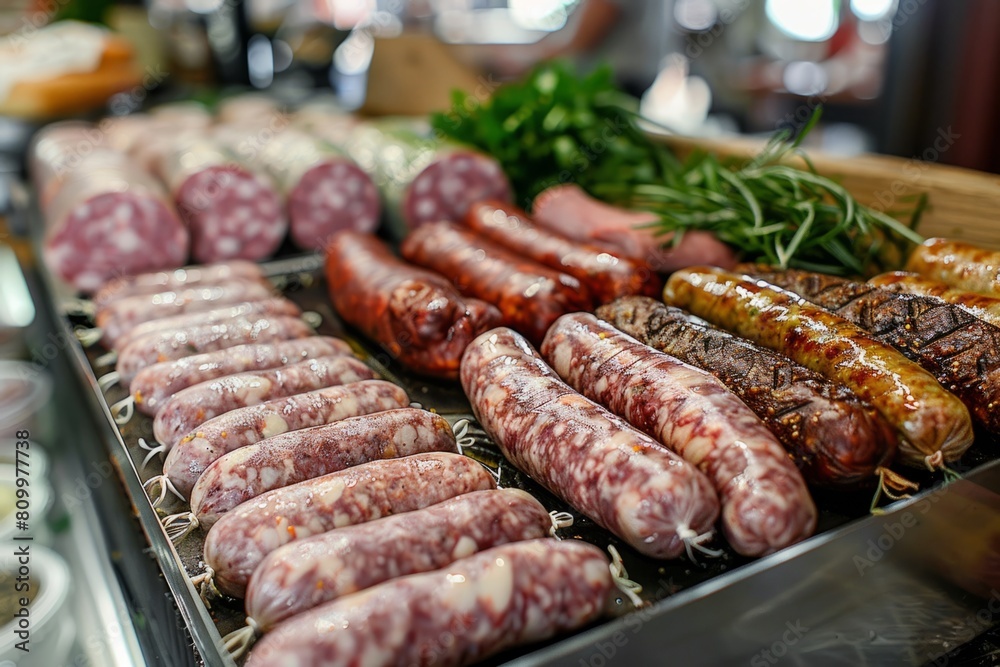 Grilled sausages in a store on the counter Grilled sausages in a store on the counter
