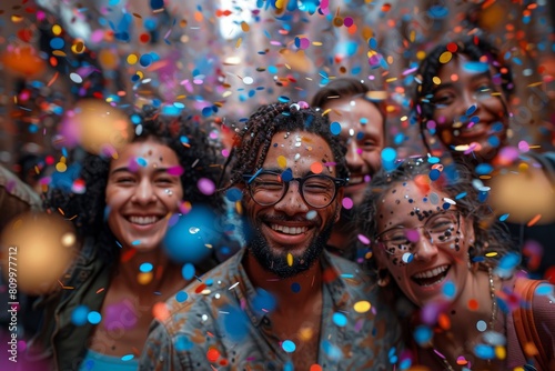 Friends take a fun selfie with colorful confetti in a festive moment
