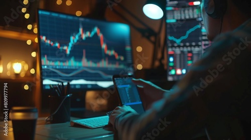 A stock market trader reviews live trading charts on computer monitors in a nighttime office setting.