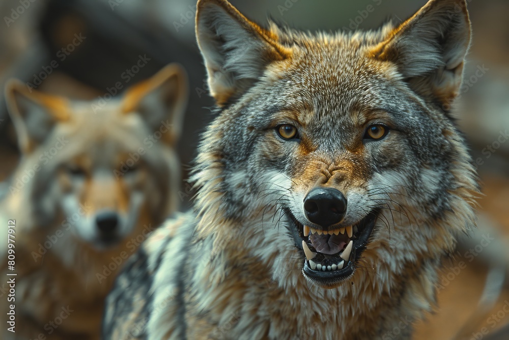 Fototapeta premium A captivating close-up shot captures the fierce expression and bared teeth of a gray wolf, conveying the raw power and wildness of nature