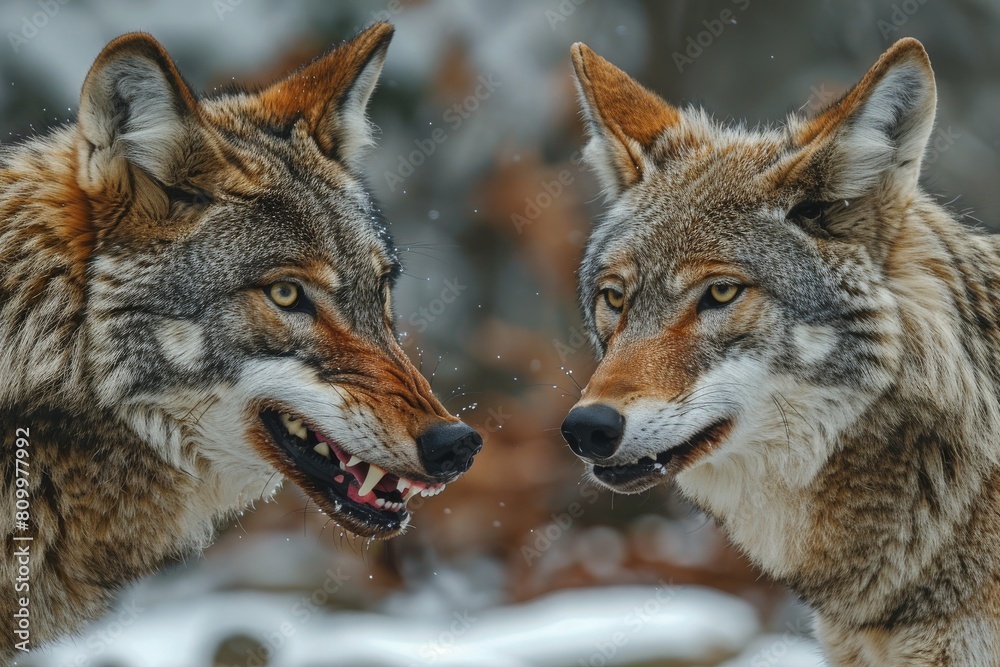 Obraz premium This dynamic image showcases a pair of wolves engaging with each other, possibly in play or communication, against a snowy backdrop