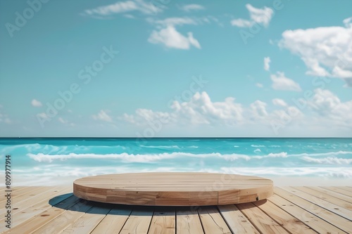  Wooden platform podium with beach in the background