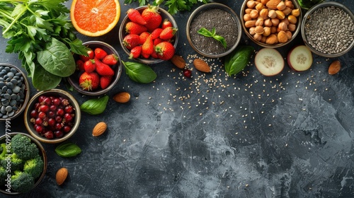 Assorted superfoods on a solid colored background. A variety of superfoods in small bowls  surrounded by fresh fruits  nuts  and vegetables  highlighting a healthy lifestyle