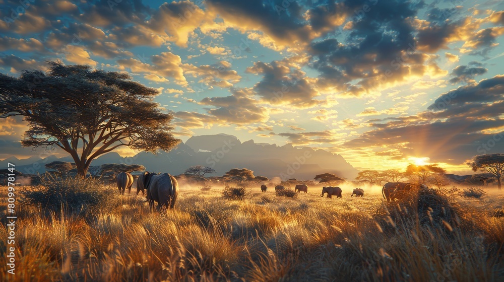 Obraz premium Realistic travel documentary style scene of an African safari, detailed wildlife and landscapes