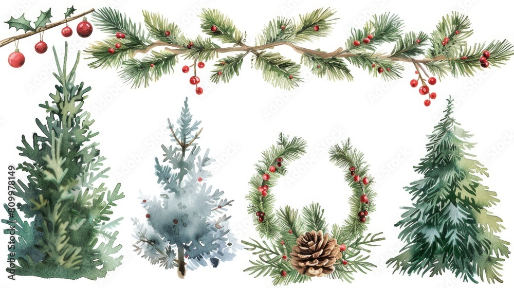 Festive watercolor illustration of Christmas trees and pine cones. Ideal for holiday designs Festive watercolor illustration of Christmas trees and pine cones. Ideal for holiday designs