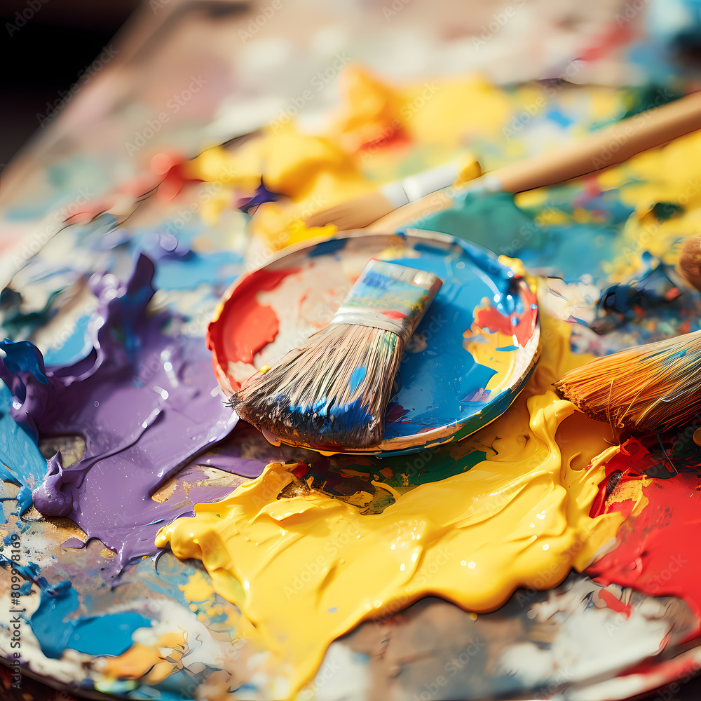 A close-up of an artists paint-splattered palette.