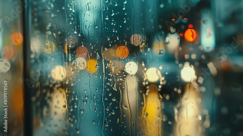 Torrential rain smattering on glass, macro lens, 4K, ultrarealistic, blurred background photo