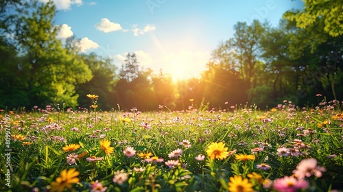 Fototapeta Naklejka Na Ścianę i Meble -  nature flower meadow plant summer grass blossom field sun sunlight spring beauty green season blooming sky yellow background landscape