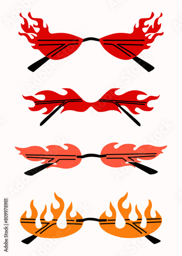 Set of various colorful sunglasses. Summer sunglasses, fashionable eyeglass frames. Various shapes and styles. Eyeglasses in the shape of flames and fire. Isolated on white background.