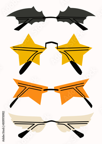 Set of various colorful sunglasses. Summer sunglasses, fashionable eyeglass frames. Various shapes and styles. Unusually shaped eyeglasses. Isolated on white background. 