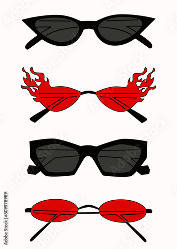 Set of various colorful sunglasses. Summer sunglasses, fashionable eyeglass frames. Various shapes and styles. Red and black glasses of an unusual shape. Isolated on white background. 
