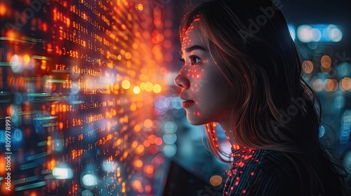 Woman Interacts With Advanced Digital Interface at Night © Muhammad