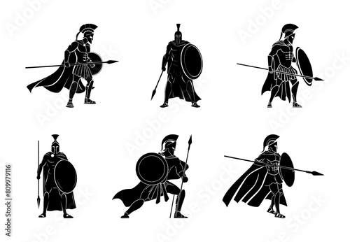 set of spartan warrior silhouettes, isolated background