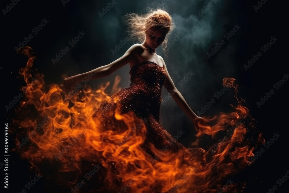 A woman wearing a dress is on fire, flames consuming her clothing as she stands in distress