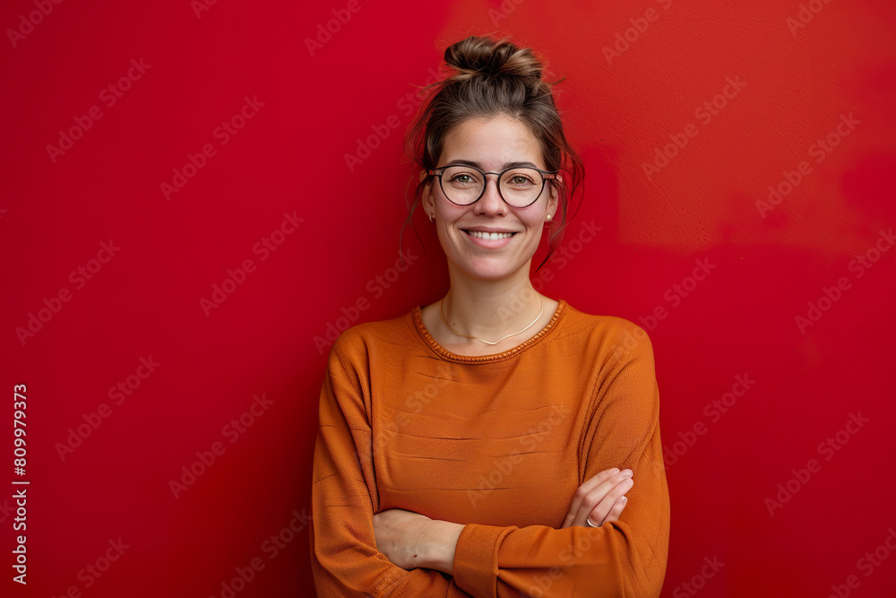 Young Woman Wearing Glasses Strikes a Fun Pose, Arms Folded, Grinning at Camera, Red Background Young Woman Wearing Glasses Strikes a Fun Pose, Arms Folded, Grinning at Camera, Red Background
