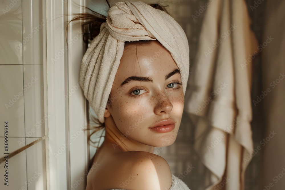 Fototapeta premium Young Woman's Portrait Post-Shower in the Bathroom, Skincare Routine