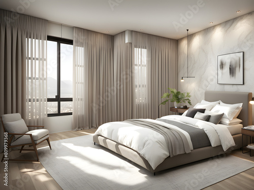 Modern bedroom home design, double bed with milky white walls, minimalist style, used for background and banners