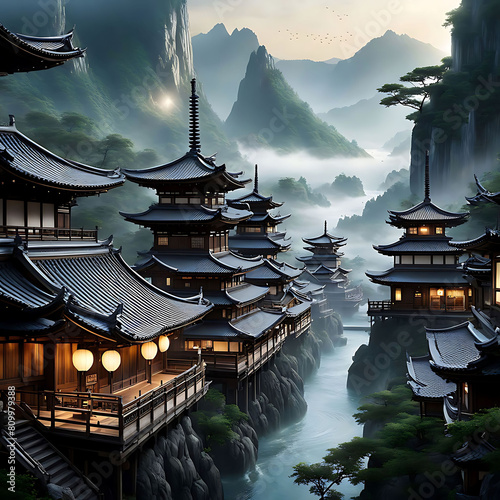 Mystical portrayal of advanced ancient Japanese civilization in misty valley with ethereal architecture, traditional attire