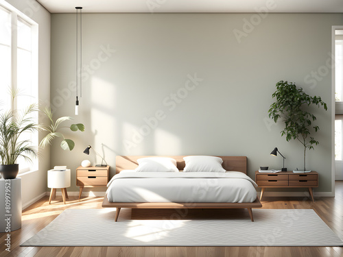 Modern bedroom home design, double bed with milky white walls, minimalist style, used for background and banners