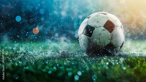 A close up of a soccer ball on wet grass.