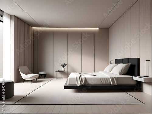 Modern bedroom home design, double bed with milky white walls, minimalist style, used for background and banners photo