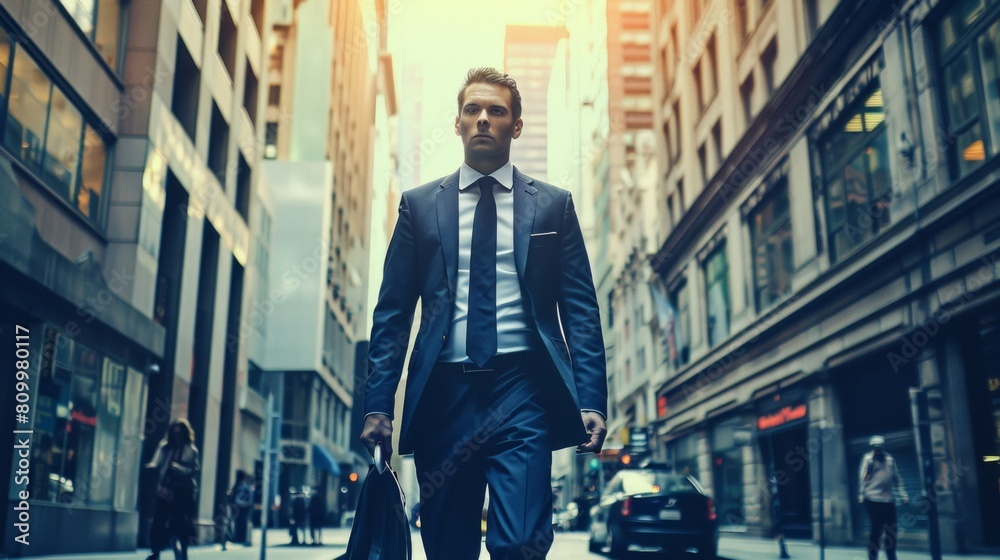 Welldressed man walks purposefully down a city street, embodying corporate success Welldressed man walks purposefully down a city street, embodying corporate success