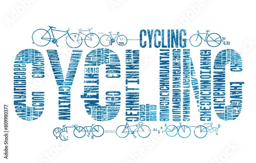 A word cloud of words related to cycling, such as cycling with smaller text around it saying things like, surrounded by other words. photo